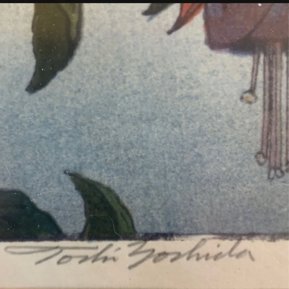 Toshi Yoshida Vintage Woodblock Framed Hummingbird and Fuchsia Signed Art Print - Picture 2 of 9